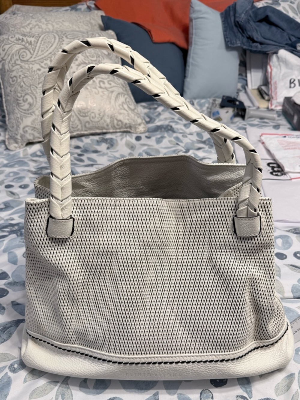 Plinio Visona White Woven-Handle Leather Tote